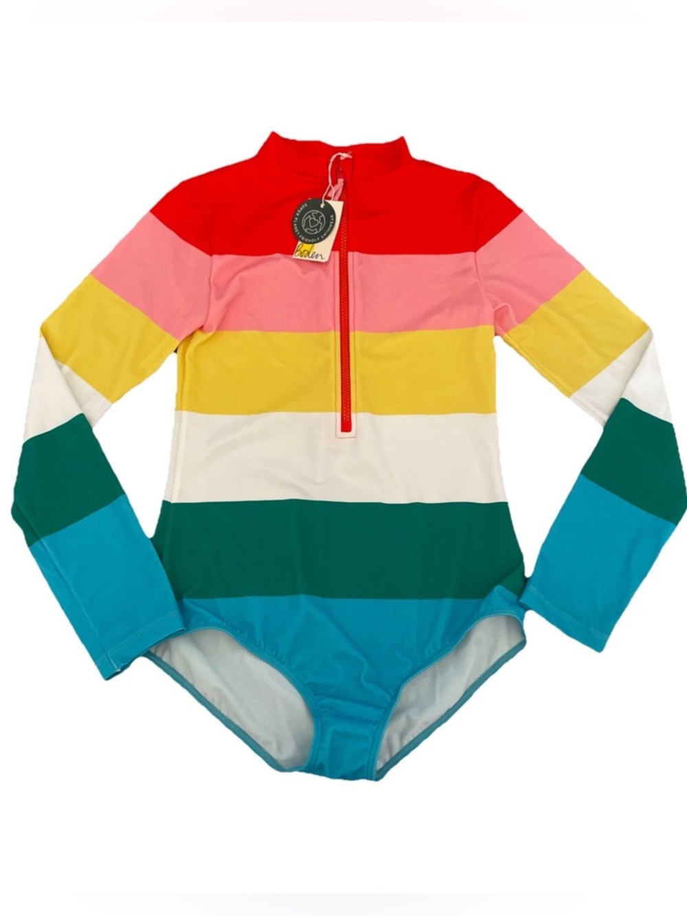 NWT Boden Colorful Stripe Long-Sleeve One-Pice Rashguard Swimsuit Kids 13-14Y
